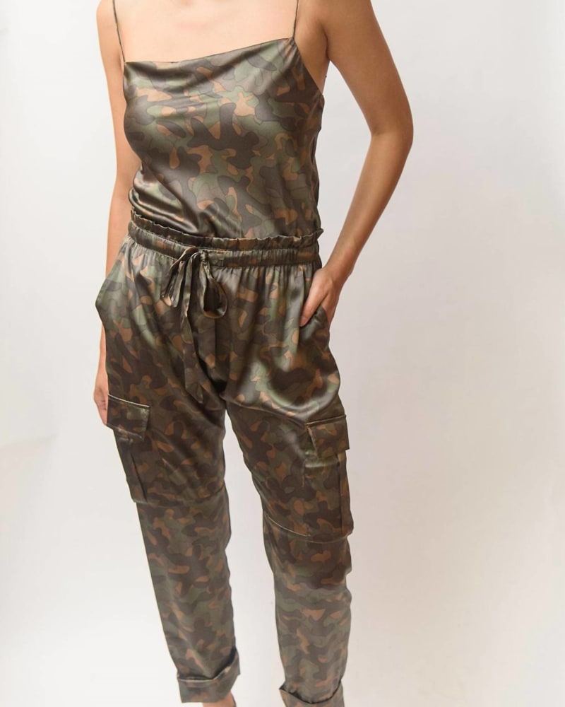 Front of a model wearing a size L Carmen Cargo Pant in Camo in Camo by Cami NYC. | dia_product_style_image_id:338754